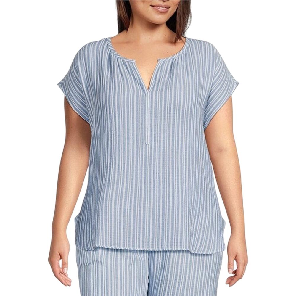 Nottibianche Woven Striped Cap Sleeve Split Round Neck Oversized Top Size L